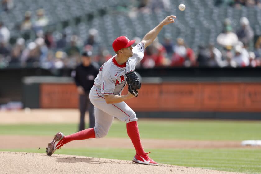 Los Angeles Angels starting pitcher Tyler Anderson throws against the Oakland Athletics.