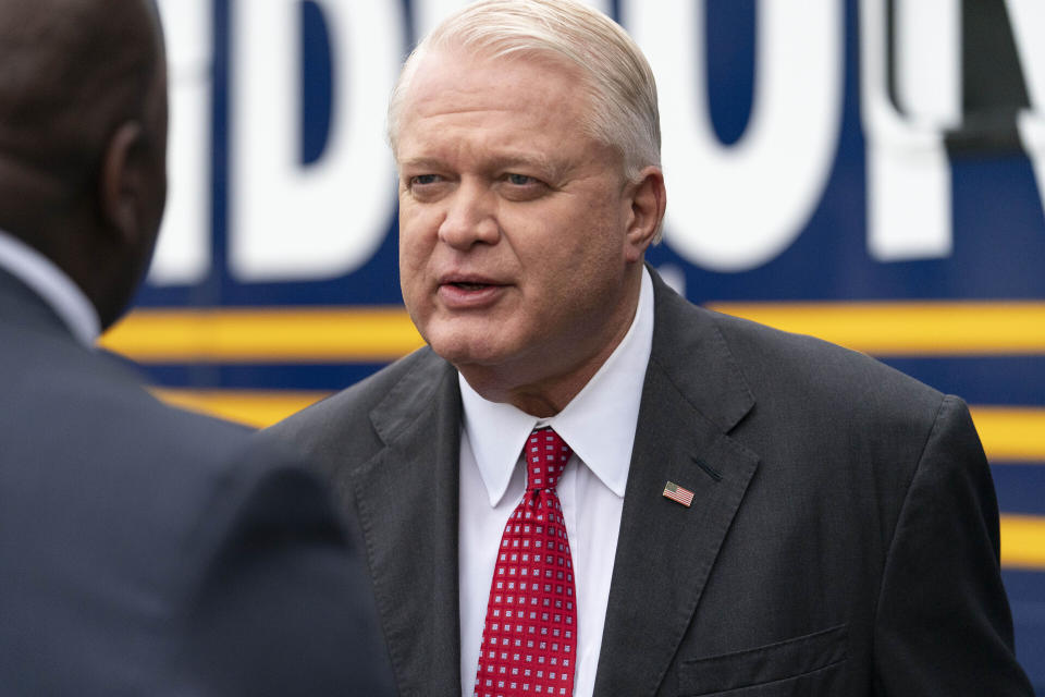 FILE - Senatorial candidate Mike Gibbons speaks with supporters during a campaign rally in Maineville, Ohio, Jan. 14, 2022. Millionaire candidates and billionaire investors are harnessing their considerable personal wealth to try to win competitive Republican primaries for open U.S. Senate seats in Pennsylvania and Ohio. Gibbons, an Ohio investment banker, leads the pack of self-funders in both states after loaning his campaign almost $17 million. (AP Photo/Jeff Dean, File)