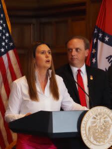  Arkansas Gov. Sarah Huckabee Sanders provides remarks following the adjournment of a special legislative session on June 19, 2024. (Mary Hennigan/Arkansas Advocate)