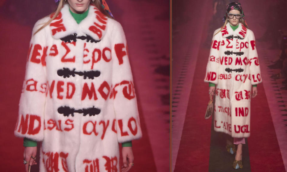 “L'aveugle pour amour” which translates to “blind for love” is emblazoned across this fur coat with frog-style closures. Photos: Getty Images