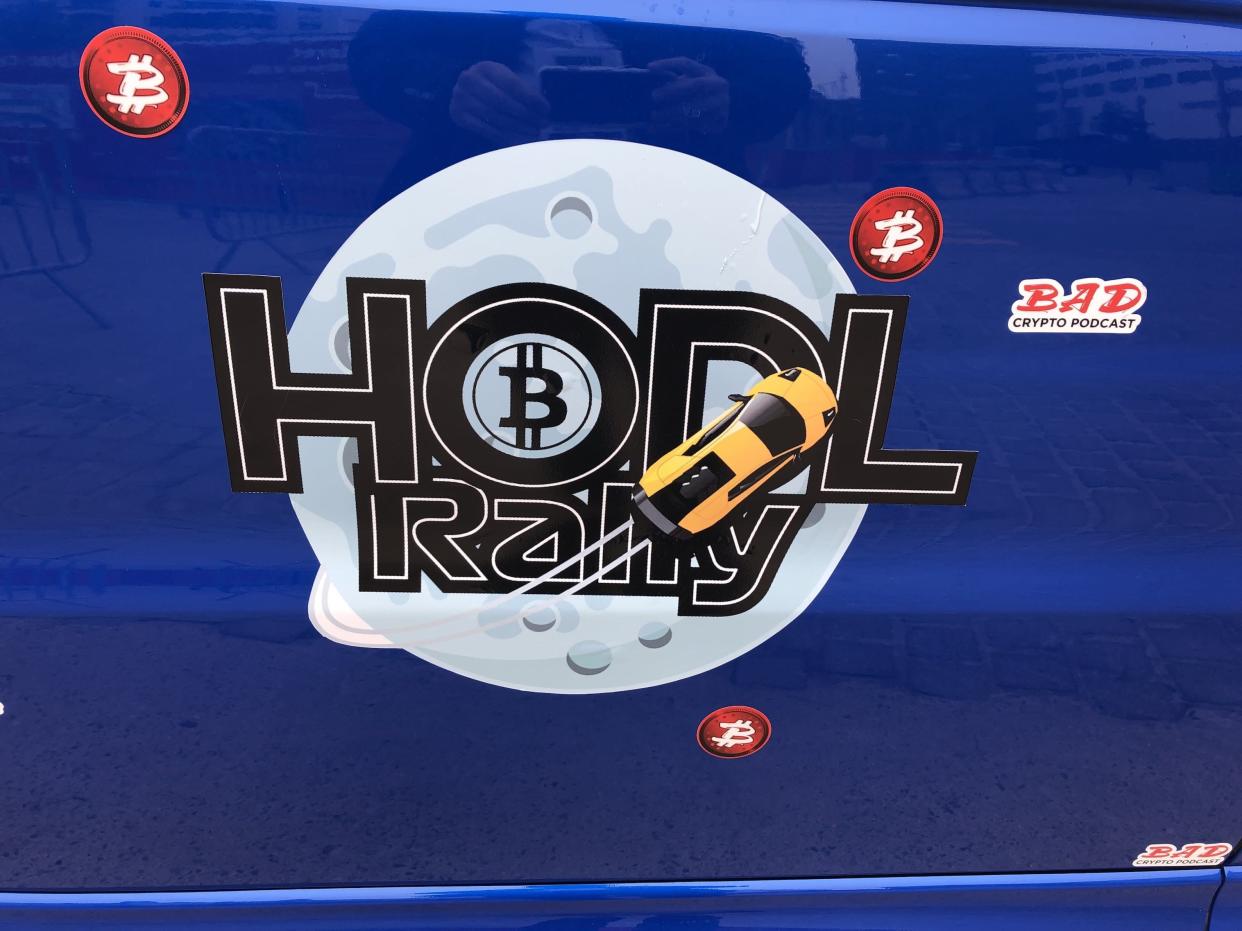 A close-up of a Range Rover advertising the HODL Rally outside of the Paris Blockchain Week summit. Photo: Oscar Williams-Grut/Yahoo Finance UK