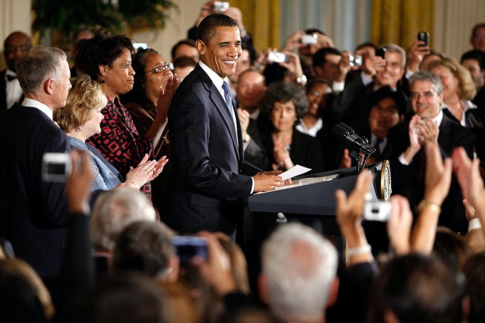 President Obama speaks in 2009 about the enactment of the Matthew Shepard and James Byrd Jr. Hate Crimes Prevention Act. <a href="https://www.gettyimages.com/detail/news-photo/surrounded-by-human-rights-supporters-u-s-president-barack-news-photo/92430581?adppopup=true" rel="nofollow noopener" target="_blank" data-ylk="slk:Chip Somodevilla/Getty Images;elm:context_link;itc:0;sec:content-canvas" class="link ">Chip Somodevilla/Getty Images</a>