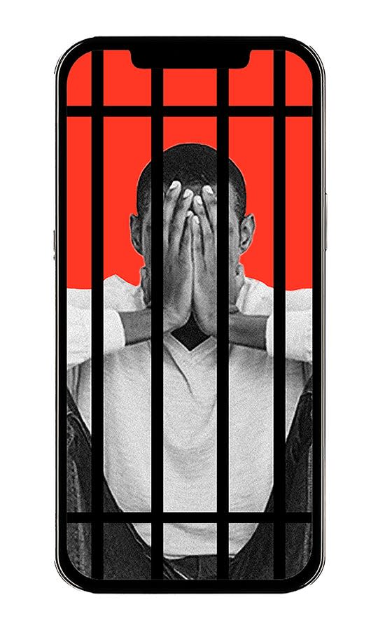 A stressed out individual trapped inside a phone behind bars