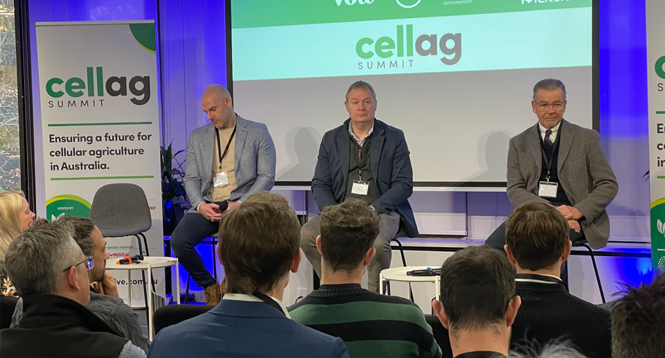 Paul Bevan, Jim Fader and the Alt Protein CRC's Geoffrey Annison at the CellAg Summit. Source: Michael Dahlstrom