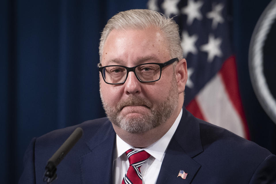 Assistant Attorney General Brian Benczkowski announces charges against ten former National Football League (NFL) players who are accused of defrauding an NFL health care program, at the Justice Department in Washington, Thursday, Dec. 12, 2019. (AP Photo/Cliff Owen)