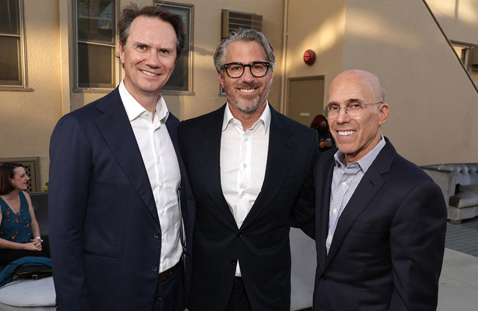 Former top Disney executive Peter Rice made his first public appearance following his exit, posing alongside presenter Casey Wasserman and honoree Jeffrey Katzenberg. - Credit: Courtesy of Shutterstock for MPTF