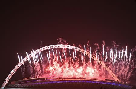 Fireworks explode over Wembley Stadium at the end of an event attended by India's Prime Minister Narendra Modi, in London, November 13, 2015. REUTERS/Toby Melville