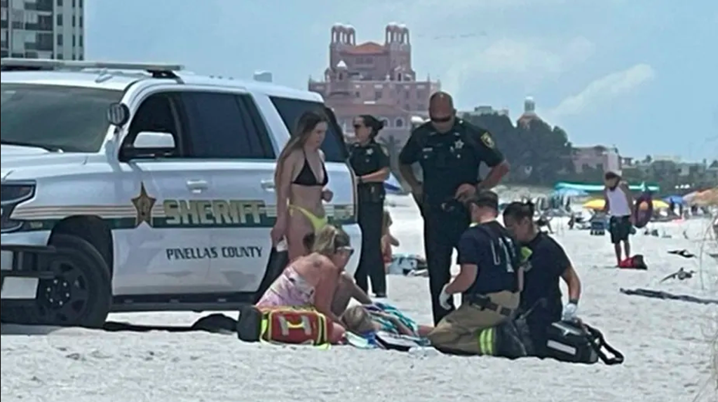 A 23-year-old sunbather was struck by a Pinellas County Sheriff’s Office Deputy while he made a right turn from his parked position on beach patrol at St. Pete Beach, Florida, just west of St. Petersburg (Youtube/Fox News 13)