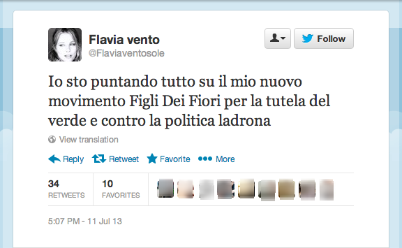 L'11 luglio, finalmente, si svelano i contenuti del programma del nuovo partito della Vento: «Io sto puntando tutto su il mio nuovo movimento Figli Dei Fiori per la tutela del verde e contro la politica ladrona».