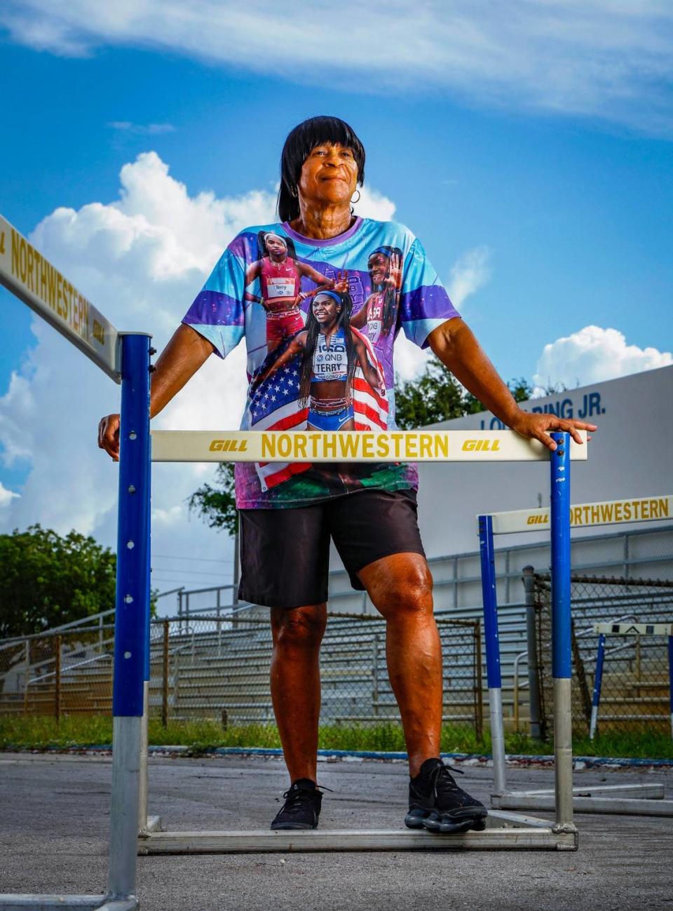 Miami Northwestern High track and field coach Carmen Jackson on the school’s track in Miami, Florida on Wednesday, July 17, 2024.