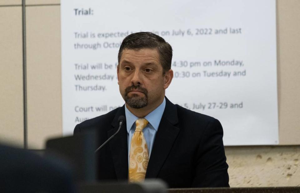 San Luis Obispo County District Attorney’s Office investigator James “J.T.” Camp appears in Monterey County Superior Court in Salinas on Thursday, Aug. 24, 2022, during the Kristin Smart murder trial.