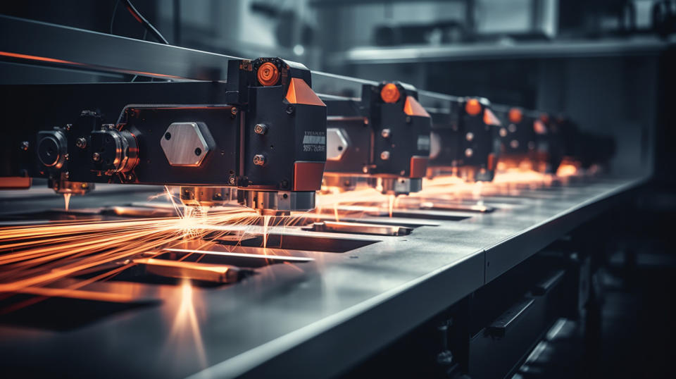 A row of precision industrial lasers in action, cutting the most intricate of shapes.