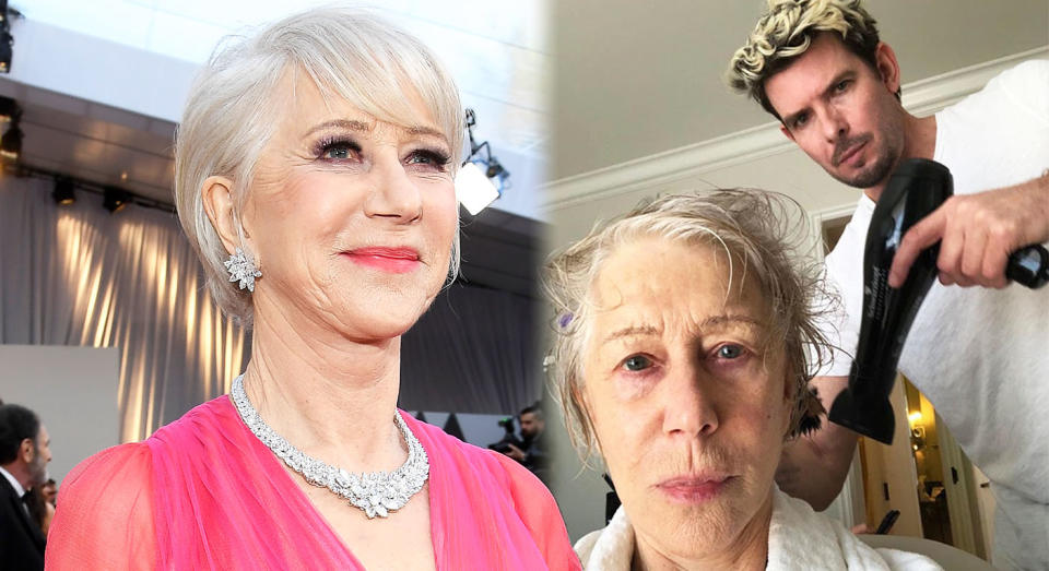 Helen Mirren, 73, getting her hair done for the Oscars, right, and left, after her transformation. [Photo: Instagram/Getty]