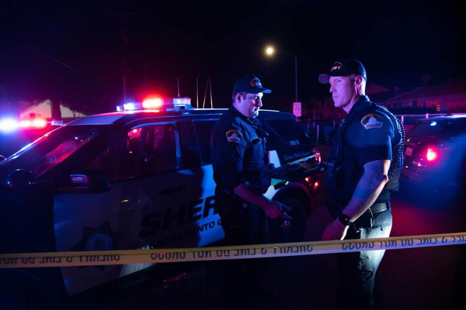 Sheriff’s deputies investigate a shooting at The Church in Sacramento near Wyda Way and Ethan ways in Arden Arcade on Monday, Feb. 28, 2022. A father killed three of his children and an adult before shooting himself at the church.