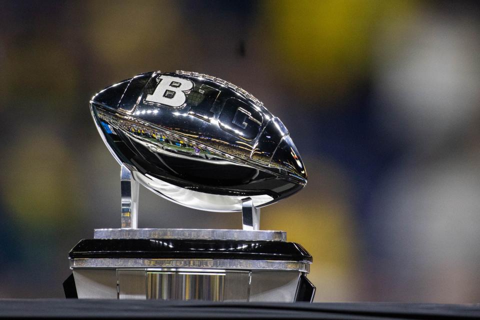 Dec 4, 2021; Indianapolis, IN, USA; The Big Ten Trophy at Lucas Oil Stadium. Mandatory Credit: Trevor Ruszkowski-USA TODAY Sports