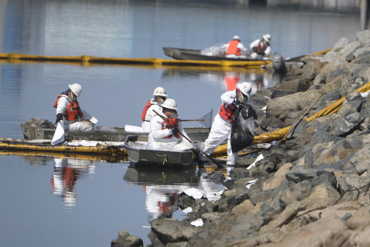 Cleanup contractors unload collected oil in plastic bags trying to stop further oil crude incursion into the Wetlands Talbert Marsh in Huntington Beach, Calif., Sunday, Oct. 3, 2021. One of the largest oil spills in recent Southern California history fouled popular beaches and killed wildlife while crews scrambled Sunday to contain the crude before it spread further into protected wetlands. (AP Photo/Ringo H.W. Chiu)