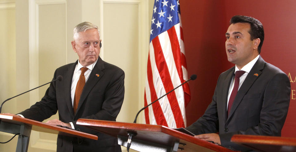 U.S. Defense Secretary James Mattis, left, looks at Macedonian Prime Minister Zoran Zaev, right, during a press conference following their meeting at the government building in Skopje, Macedonia, Monday, Sept. 17, 2018. Mattis arrived in Macedonia Monday, condemning Russian efforts to use its money and influence to build opposition to an upcoming vote that could pave the way for the country to join NATO, a move Moscow opposes. (AP Photo/Boris Grdanoski)