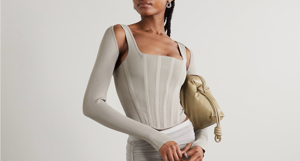 A model wearing Dion Lee Convertible pointelle-knit bustier top. (PHOTO: Net-A-Porter)