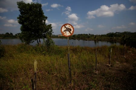 A 'No Swimming' sign is pictured near a used coal mining pit now filled with water in Kutai Kertanegara regency