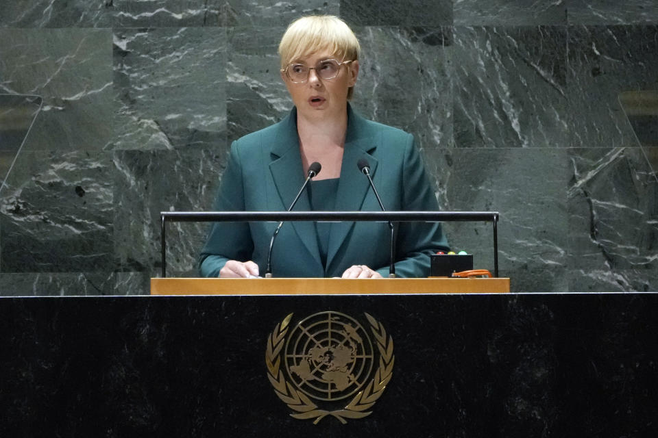 Slovenia's President Natasa Pirc Musar addresses the 78th session of the United Nations General Assembly, Tuesday, Sept. 19, 2023. (AP Photo/Richard Drew)