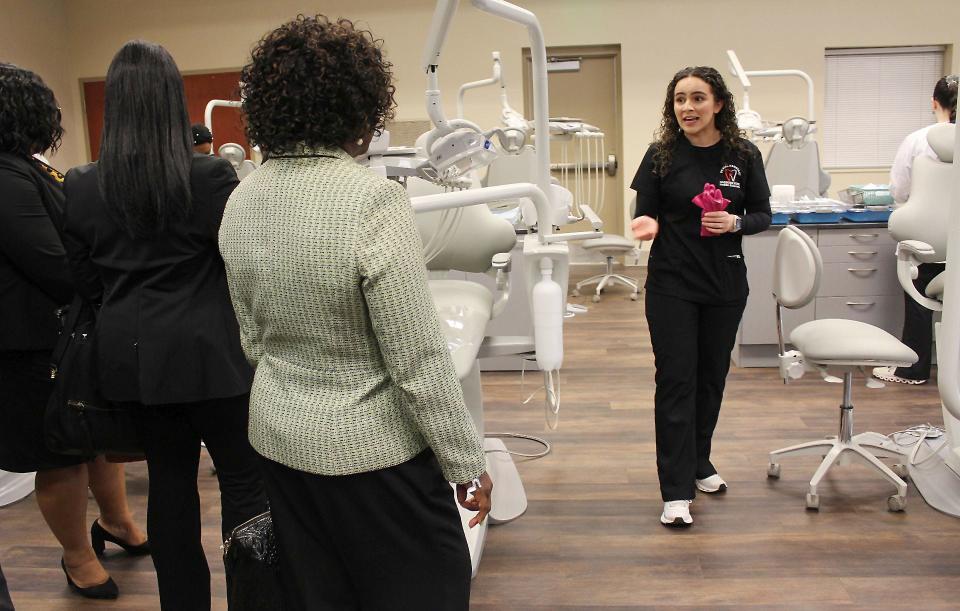 Kelsey Ruiz, a Gadsden State student in the Dental Assistant Program, speaks to members of the White House Initiative for HBCU during their visit to the Valley Street Campus.