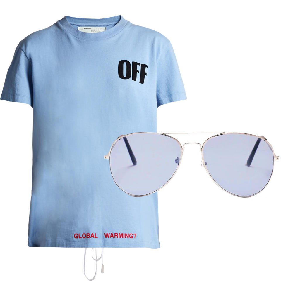 <p><strong>Shop the look: </strong>Off-White T-shirt, $357; <a rel="nofollow noopener" href="http://www.matchesfashion.com/us/products/Off-White-Round-neck-logo-print-cotton-jersey-T-shirt-1163801" target="_blank" data-ylk="slk:matchesfashion.com;elm:context_link;itc:0;sec:content-canvas" class="link ">matchesfashion.com</a>, Nasty Gal sunglasses, $16; <a rel="nofollow noopener" href="http://www.nastygal.com/stayin-alive-tinted-aviator-glasses/AGG98047.html?color=163" target="_blank" data-ylk="slk:nastygal.com;elm:context_link;itc:0;sec:content-canvas" class="link ">nastygal.com</a>.</p>