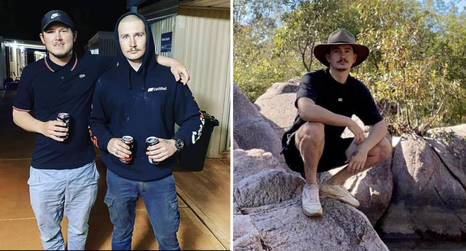 Zac Gilbert and another man standing (left) and Zac perched on rocks (right)