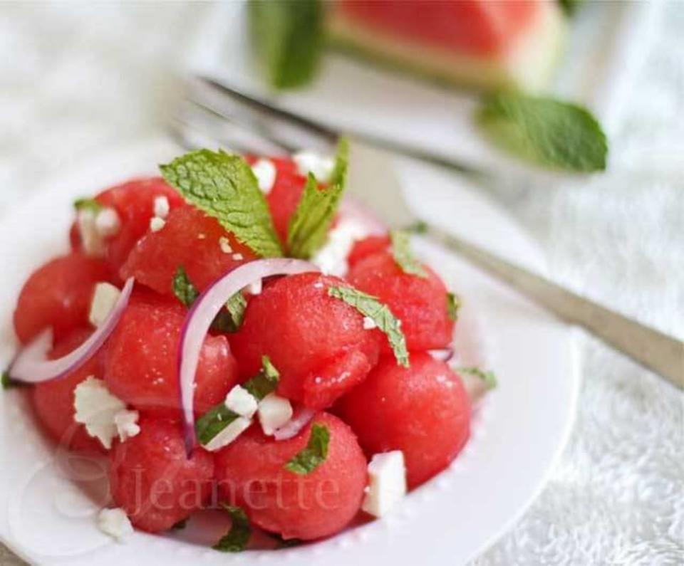 <p>Jeanette's Healthy Living</p><p>Sweet watermelon, salty feta, and bright mint make up this beautiful salad! </p><p><strong>Get the recipe: <a href="http://jeanetteshealthyliving.com/2013/07/greek-watermelon-feta-mint-salad.html" rel="nofollow noopener" target="_blank" data-ylk="slk:Sweet and Salty Greek Watermelon Feta Mint Salad;elm:context_link;itc:0;sec:content-canvas" class="link ">Sweet and Salty Greek Watermelon Feta Mint Salad</a></strong></p>