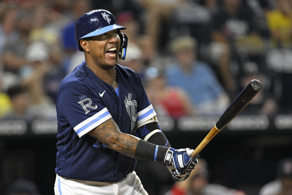 Kansas City Royals' Salvador Perez reacts after striking out during the ninth inning of the team's baseball game against the Boston Red Sox, Friday, Aug. 5, 2022, in Kansas City, Mo. (AP Photo/Reed Hoffmann)