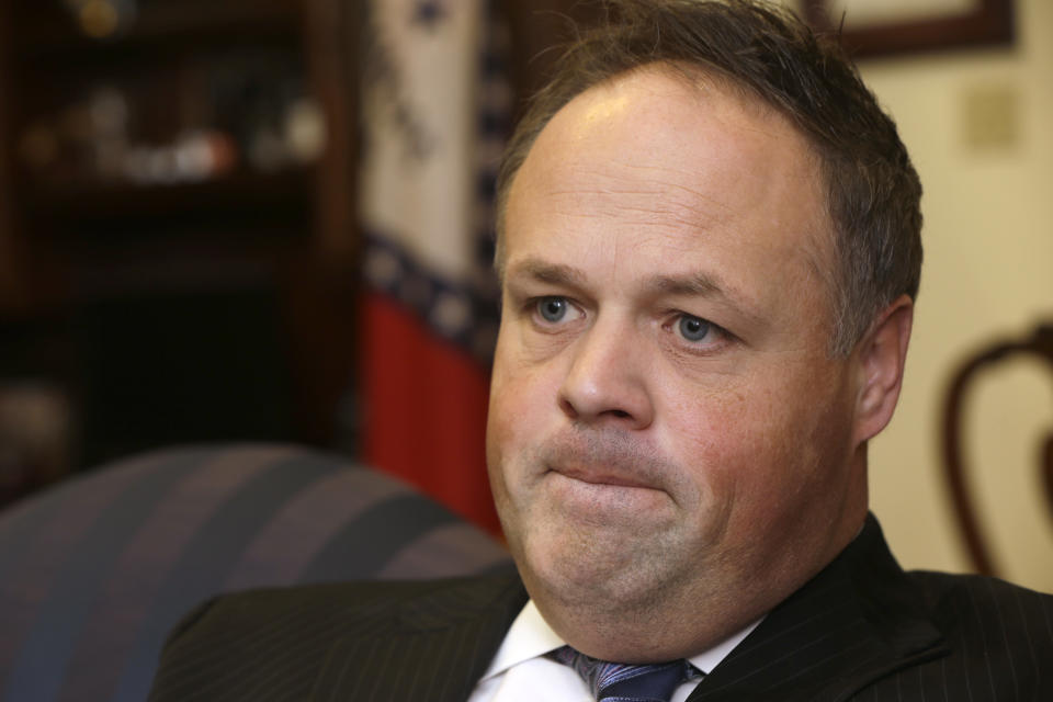 Arkansas Lt. Gov. Mark Darr is interviewed at the Arkansas state Capitol in Little Rock, Ark., Tuesday, Jan. 7, 2014. Darr said he won't resign over ethics violations tied to his campaign and office spending, despite growing calls for him to step down or face the threat of impeachment. (AP Photo/Danny Johnston)