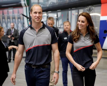 Britain Sailing - America's Cup 2016 - Portsmouth - 24/7/16 Britain's Kate, Duchess of Cambridge and Prince William in the Land Rover BAR boat shed Reuters / Henry Browne Livepic