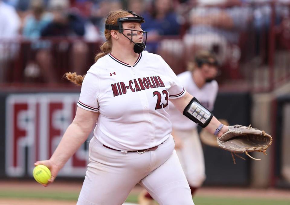 Amber Hughes (23) of Mid-Carolina pitches during the SCHSL Class 2A Softball State Championship between Mid-Carolina and Chesterfield at Carolina Softball Stadium in Columbia on Friday, May 26, 2023.