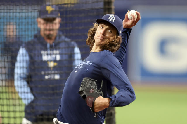 Tampa Bay Rays starting pitcher Tyler Glasnow throws to a New York Yankees  batter during the first inning of a baseball game Saturday, Aug. 26, 2023,  in St. Petersburg, Fla. (AP Photo/Scott