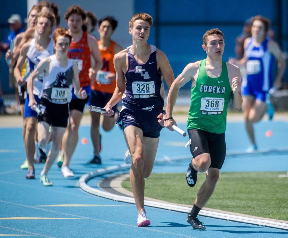 Eureka's Carson Lehman (368) leads the pack during the first leg of the Class 1A state 4X800-meter relay Saturday, May 27, 2023 at Eastern Illinois University in Charleston. The Hornets finished second behind Harvest Christian Academy.