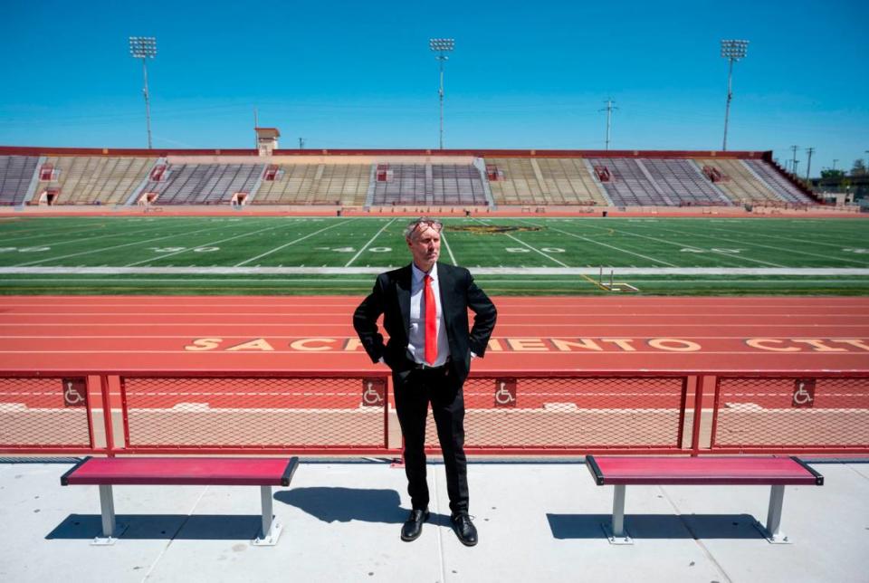 Adam Mclean stands at Hughes Stadium on Thursday. He is the commissioner of a new upstart professional football league, called called Major League Football, that starts this fall with home games at Sacramento City College.