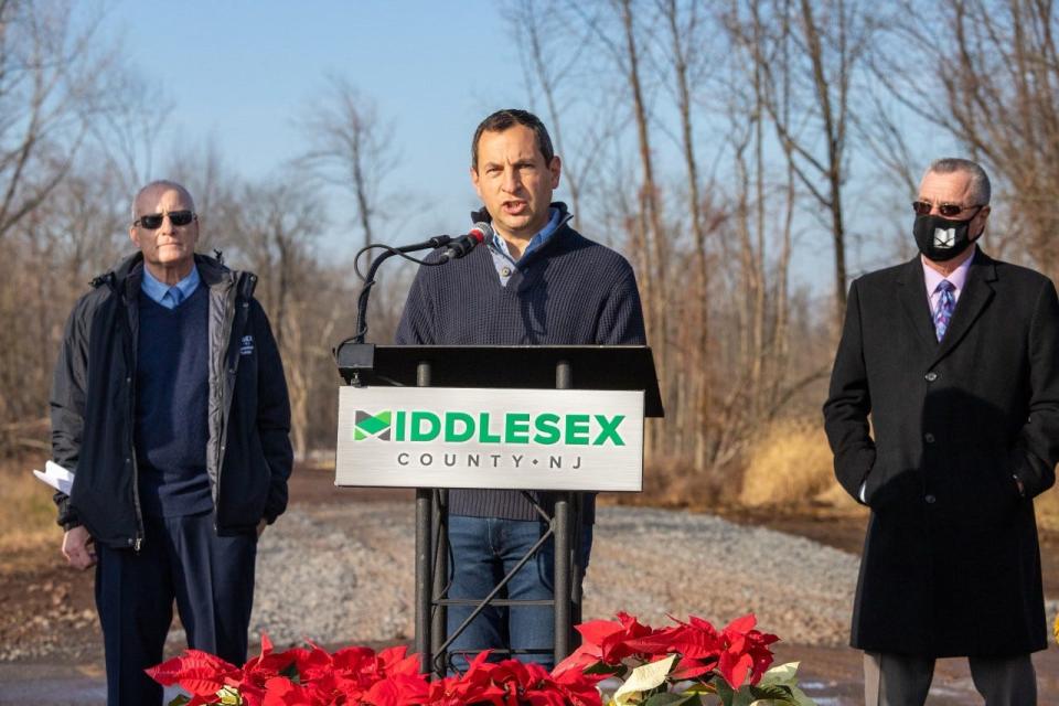 Metuchen Mayor Jonathan Busch speaks during an announcement that 18.7 acres of open space in the borough is being acquired by Middlesex County to become part of the Peter J. Barnes III Wildlife Preserve.