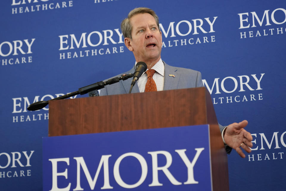 FILE - In this Dec. 22, 2020, file photo Georgia Gov. Brian Kemp speaks during a news conference on vaccines for COVID-19 at Emory Health Care in Atlanta. (AP Photo/John Bazemore, File)