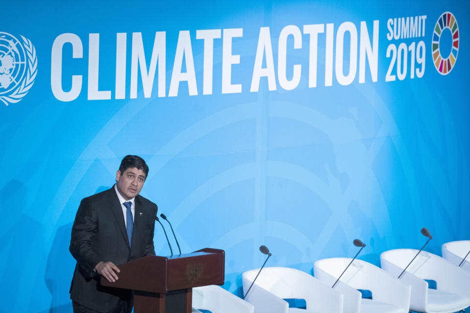 Costa Rica's President Carlos Alvarado Quesada speaks during the Climate Action Summit 2019 at the 74th session of the United Nations General Assembly, at U.N. headquarters, Monday, Sept. 23, 2019. (AP Photo/Craig Ruttle)