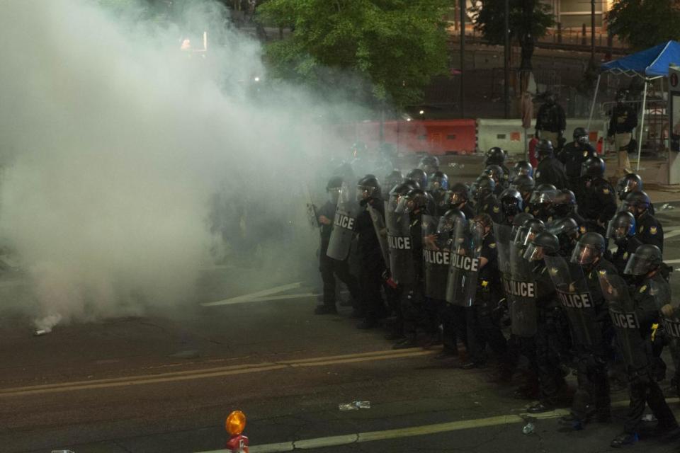 Police presence: Riot officers were deployed for the protests