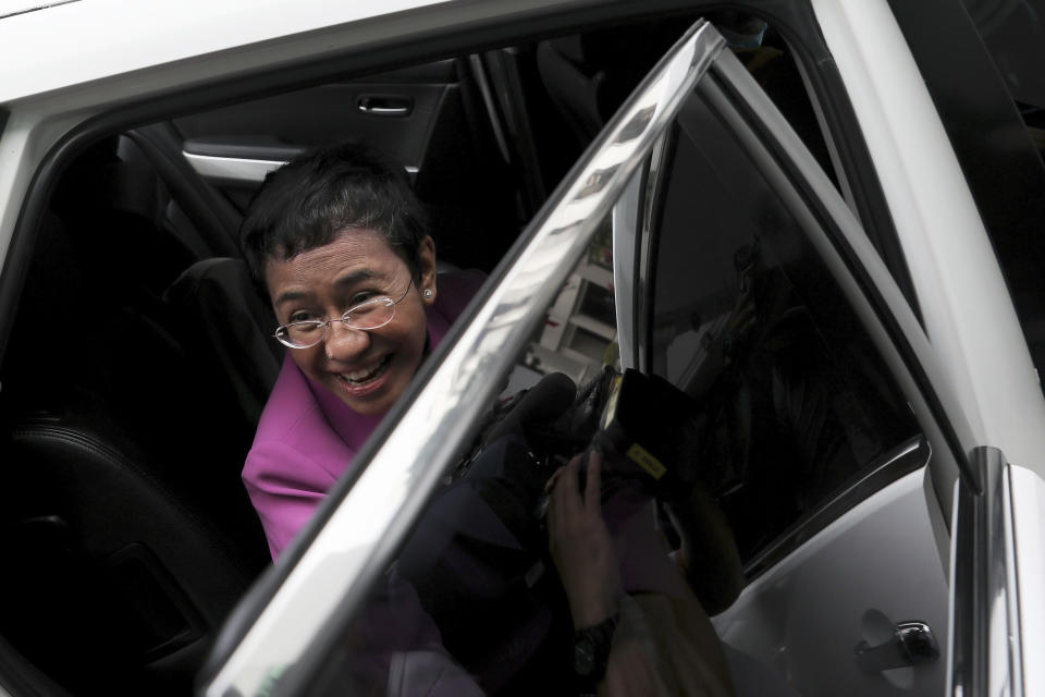 Filipino journalist Maria Ressa, one of the winners of the 2021 Nobel Peace Prize and Rappler CEO, leaves after attending a court hearing on tax evasion cases against her at the Court of Tax Appeals in Quezon City, Philippines Wednesday, Jan. 18, 2023. The tax court on Wednesday cleared Ressa and her online news company of tax evasion charges she said were part of a slew of legal cases used by former President Rodrigo Duterte to muzzle critical reporting. (AP Photo/Basilio Sepe)