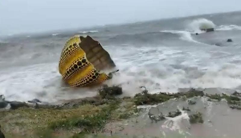 盧碧登陸日本帶來強烈風雨，直島的地標「南瓜」慘遭打入海中。（翻攝自推特@ppdisundia）