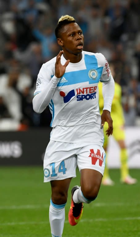 Marseille's forward Clinton Njie celebrates after scoring on September 25, 2016