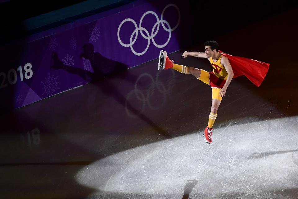 <p>Spain’s Javier Fernandez performs during the figure skating gala event during the Pyeongchang 2018 Winter Olympic Games at the Gangneung Oval in Gangneung on February 25, 2018. / AFP PHOTO / ARIS MESSINIS (Photo credit should read ARIS MESSINIS/AFP/Getty Images) </p>