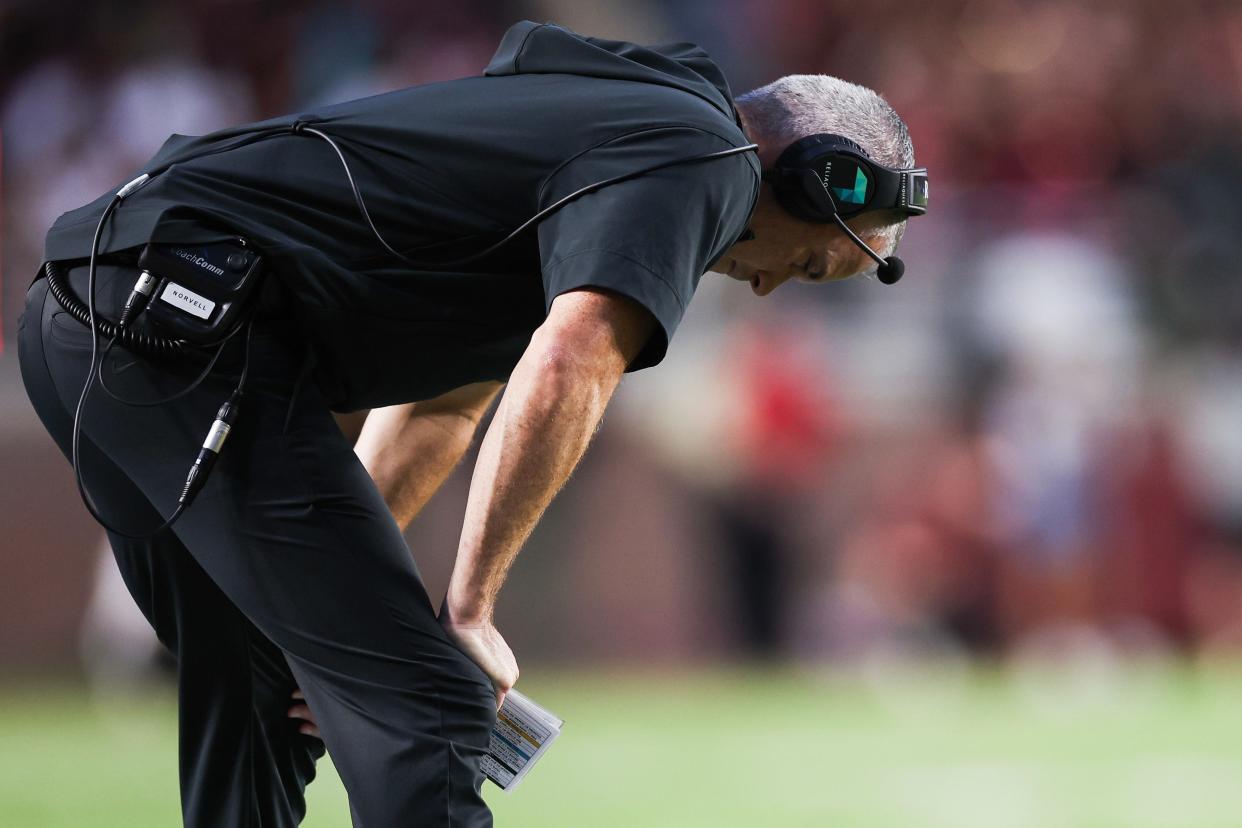 TALLAHASSEE, FLORIDA - SEPTEMBER 02: Head coach Mike Norvell of the Florida State Seminoles reacts to a play during the first half of a game against the Boston College Eagles at Doak Campbell Stadium on September 02, 2024 in Tallahassee, Florida. (Photo by James Gilbert/Getty Images) ORG XMIT: 776168217 ORIG FILE ID: 2169956730