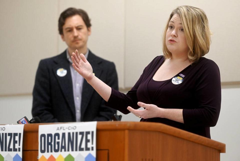 Denelle Korin speaks during the Workers’ Memorial Day event at the State College Borough Building on Friday, April 28, 2023.