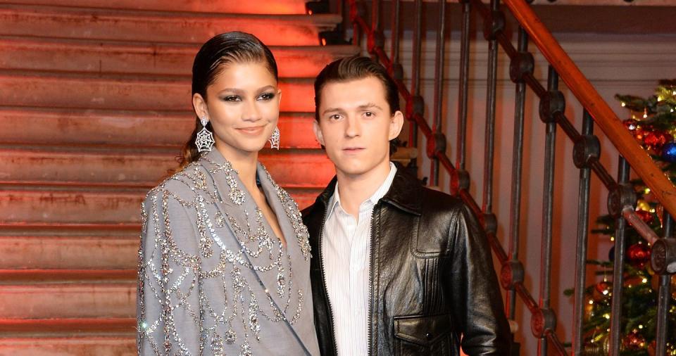 zendaya and tom holland pose at the spiderman no way home photocall