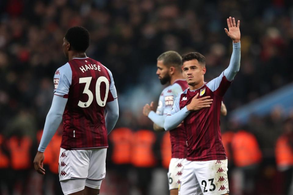 Philippe Coutinho applauds fans after marking his Aston Villa debut by coming off the bench to equalise in a 2-2 draw against Manchester United (Isaac Parkin/PA) (PA Wire)