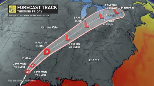 Beryl remnant moisture forecast track map