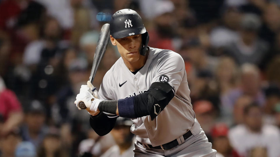 New York Yankees' Aaron Judge plays against the Boston Red Sox during the seventh inning of a baseball game, Friday, June 25, 2021, in Boston. (AP Photo/Michael Dwyer)