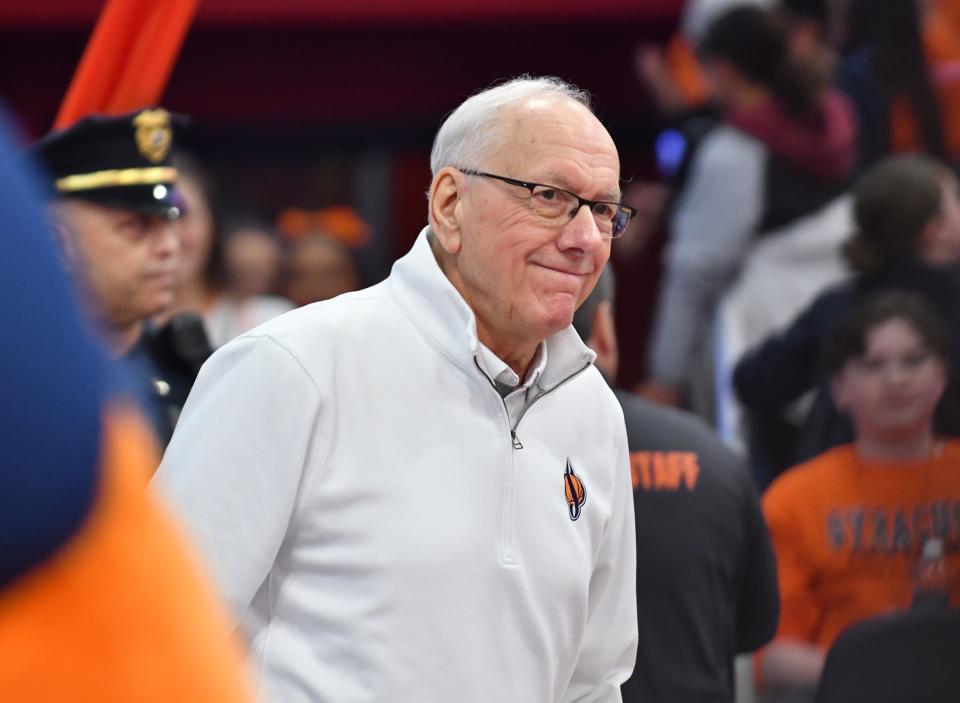 Mar 4, 2023; Syracuse, New York, USA; Syracuse Orange head coach Jim Boeheim enters the court before a game against the Wake Forest Demon Deacons at JMA Wireless Dome. Mandatory Credit: Mark Konezny-USA TODAY Sports
